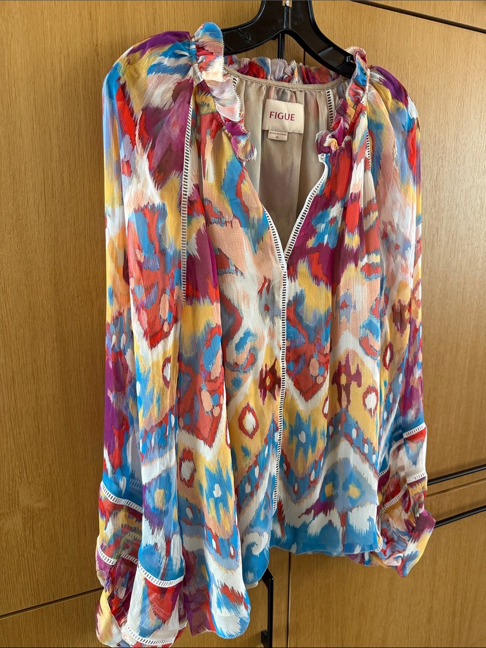 Figue Luz Silk Blouse V Neck Watercolor Colorful Print Womens size XLarge - Picture 6 of 16